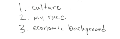 1. culture 2. my race 3. economic background